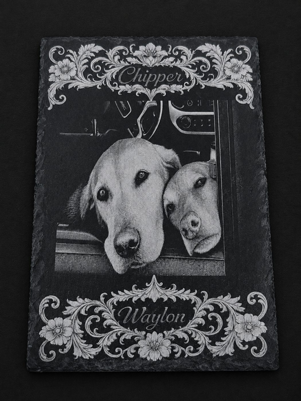 Chipper and Waylon slate engraving